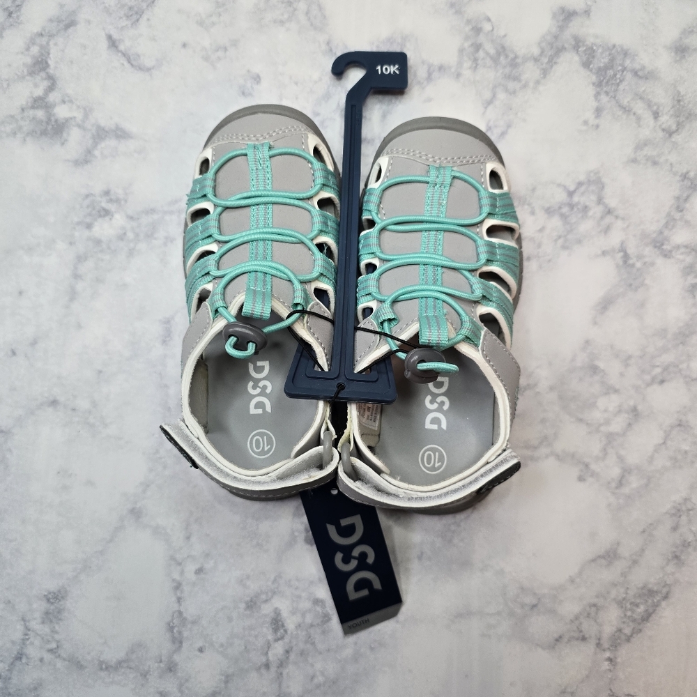 DSG Caged Sandals 10K Teal Gray Bungee Laces Velcro Strap NWT